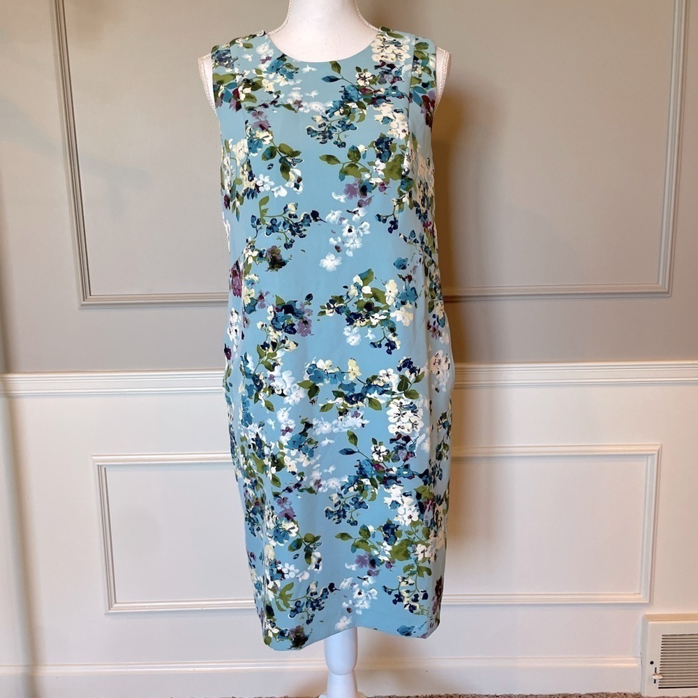 J. Jill sleeveless dress 8 petite enamel blue floral sheath stretch shift EUC